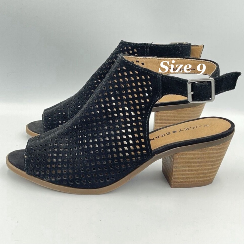 Lucky Brand Suede Peep Toe Sling Back Block Heels